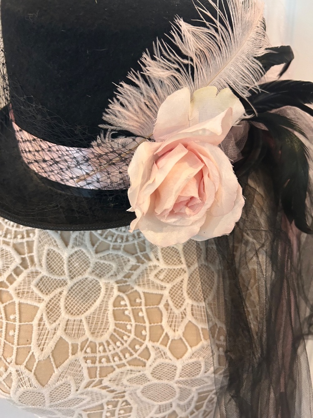 Bachelorette Pink and Black Top Hat with Toole, Netting, Pink Ribbon and a Rose - Picture 4 of 6